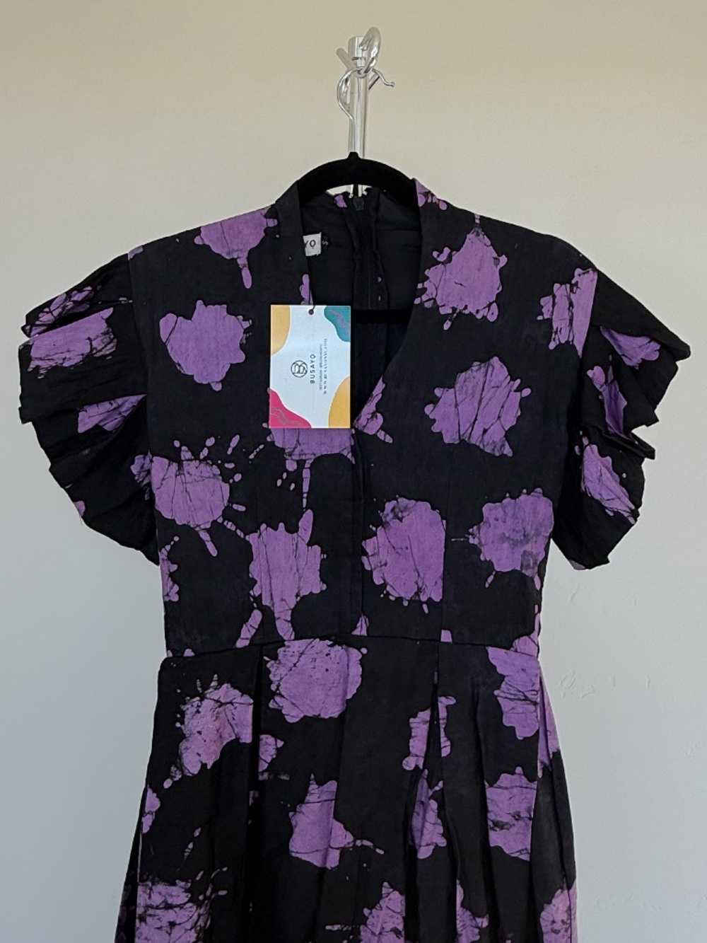Busayo NWT Black Purple Abstract Print Midi Dress Size S Puff Sleeve